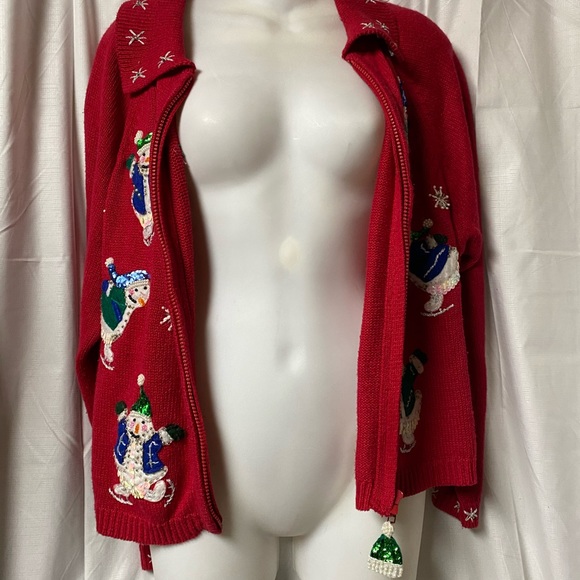 Vintage Tiara Sequence Ice Skating Snowman Xmas Cardigan Sweater By Tiara ,PXL - Picture 2 of 14